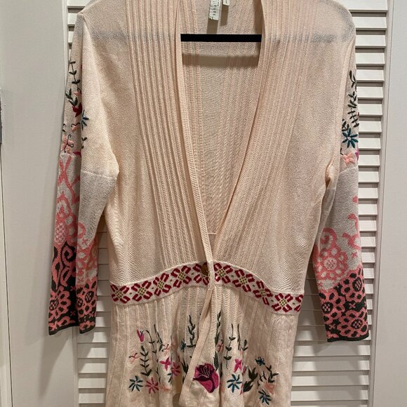 Sahalie Boutique One Button Embroidered Floral Cardigan Sweater, Cream - Size M - Picture 1 of 10